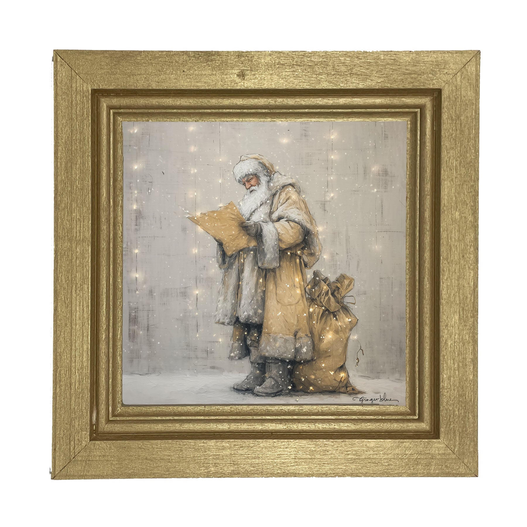 Santa Checking his List under Christmas Lights - Framed Art