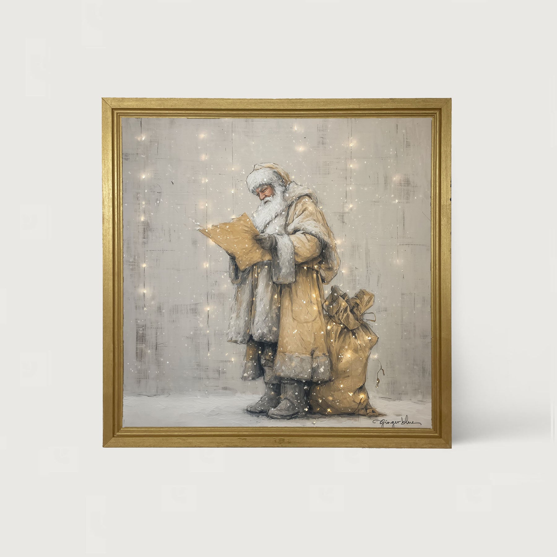 Santa Checking his List under Christmas Lights - Framed Art