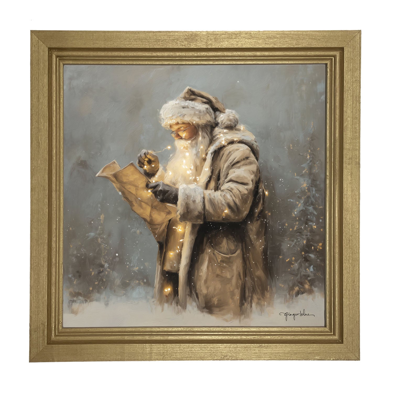Santa Reading his list with Christmas Lights - Framed Art