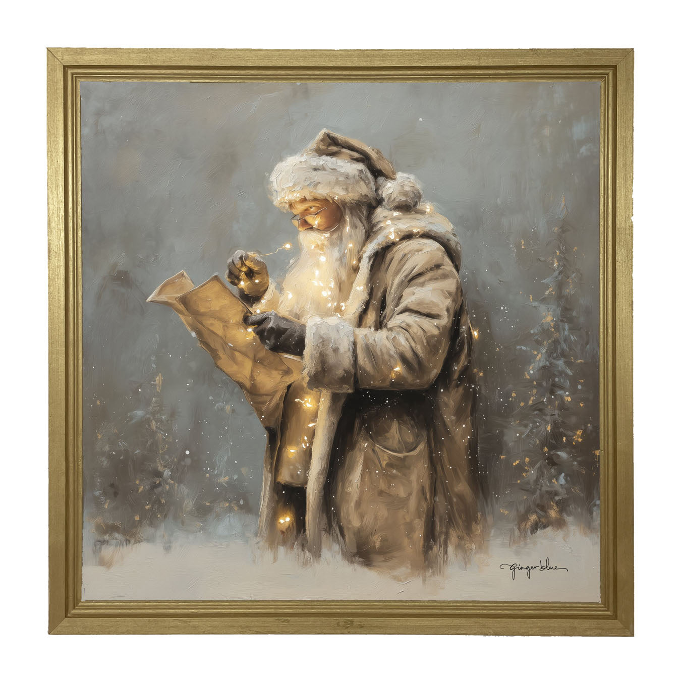 Santa Reading his list with Christmas Lights - Framed Art
