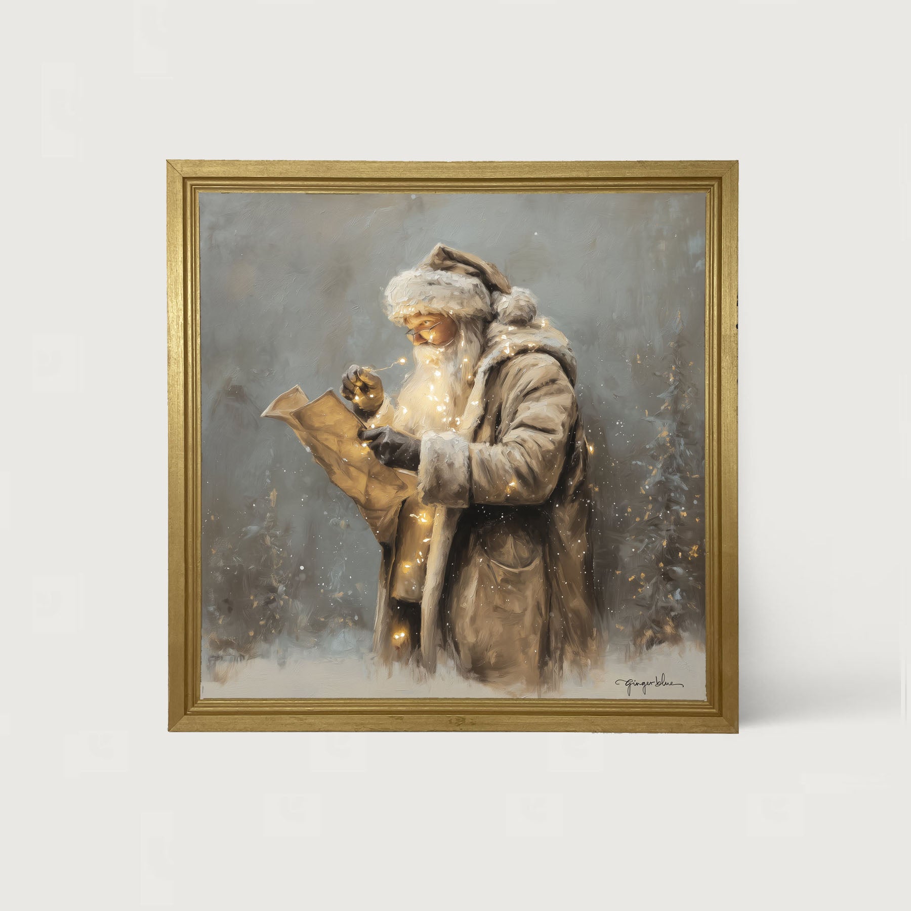 Santa Reading his list with Christmas Lights - Framed Art