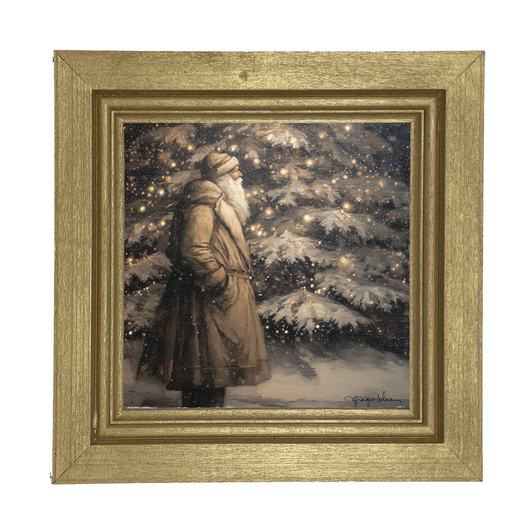 Santa near Lit Christmas Tree - Framed Art