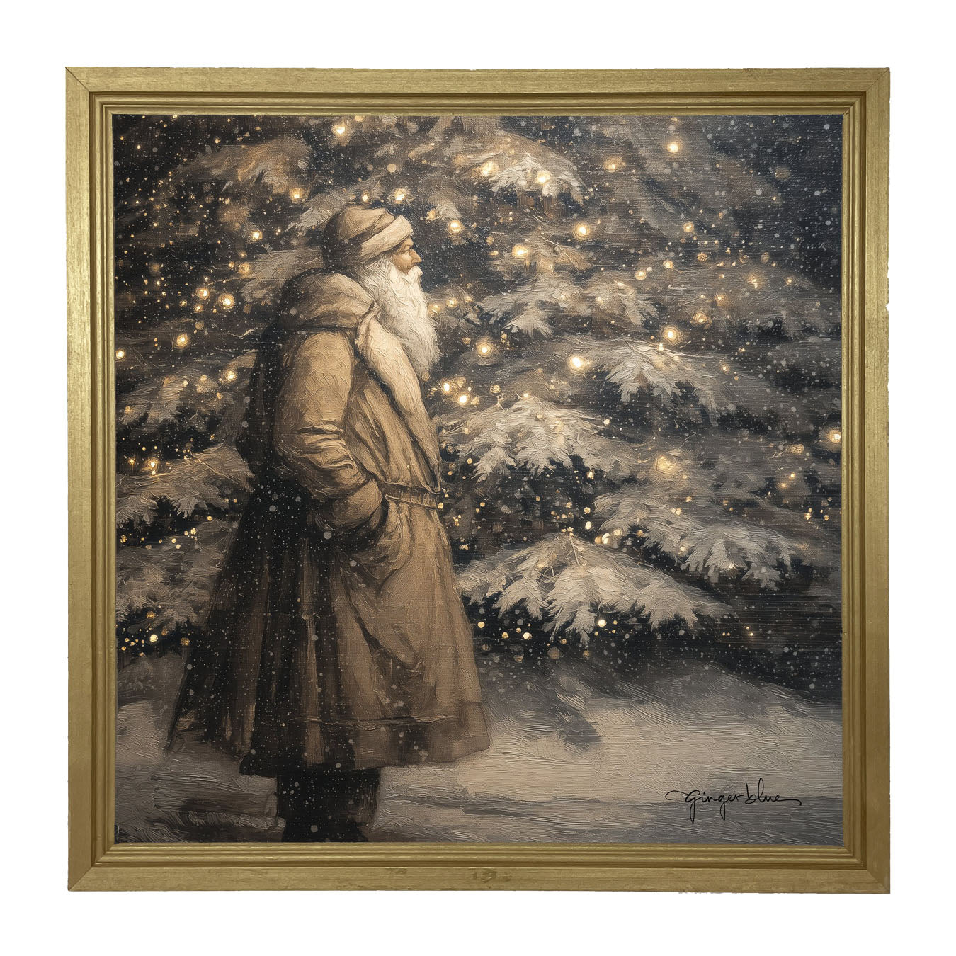 Santa near Lit Christmas Tree - Framed Art