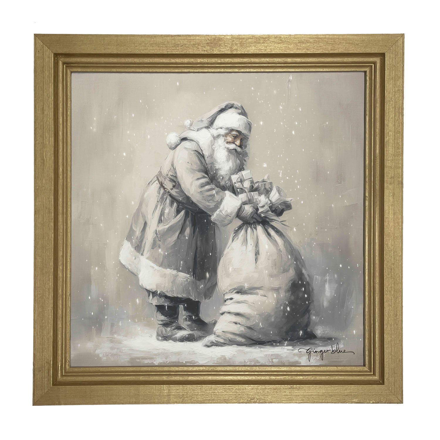 Santa Tying Bag of Presents - Framed Art