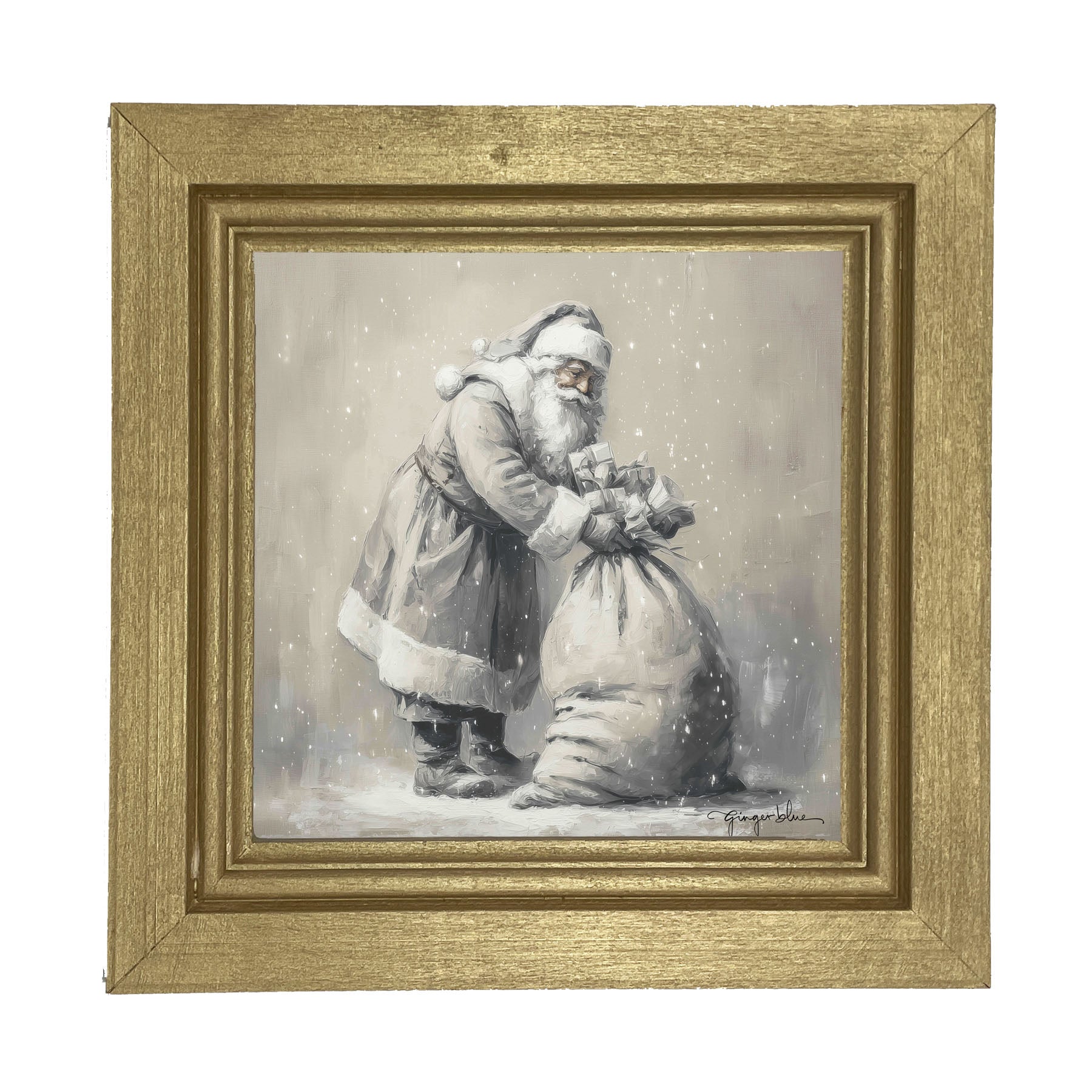 Santa Tying Bag of Presents - Framed Art