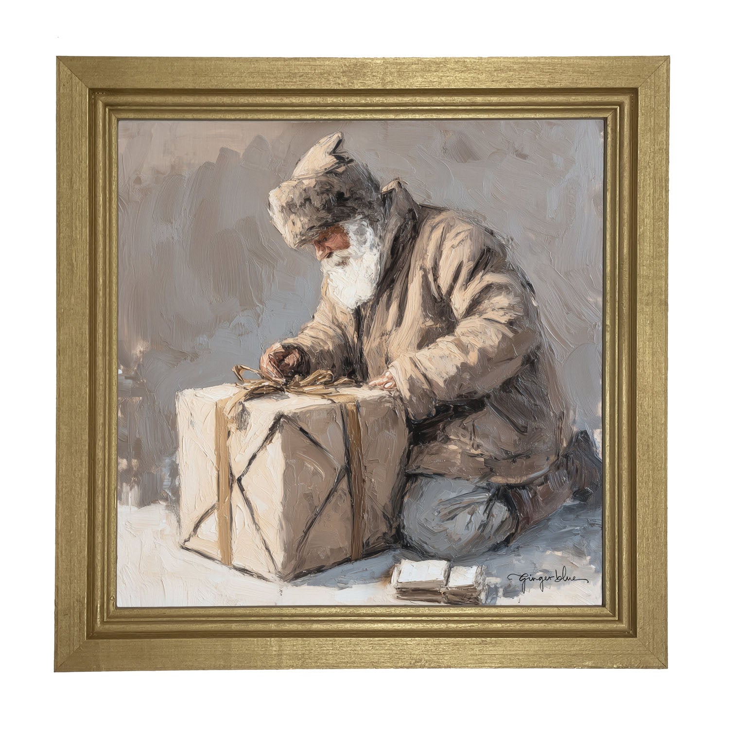 Santa Tying a Box - Framed Art