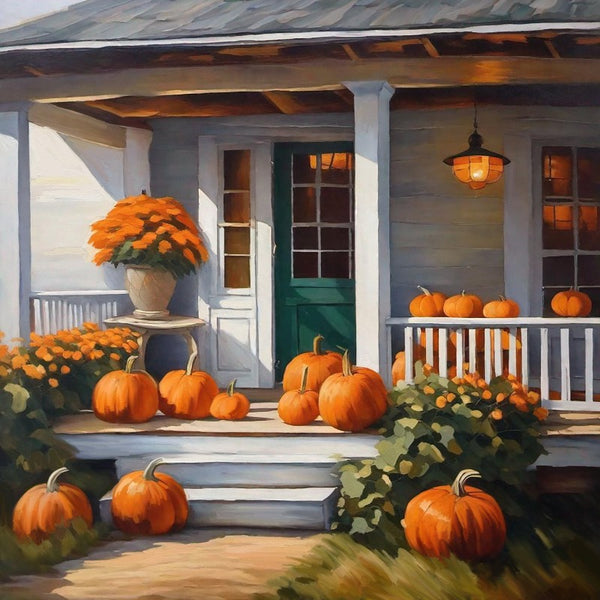 porch filled with pumpkins