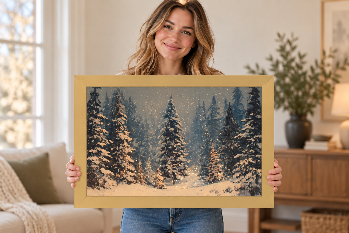 Lifestyle visualization: woman holding HX gold Modern magnet frame with HG-1107 Snow Falling on Pines artwork