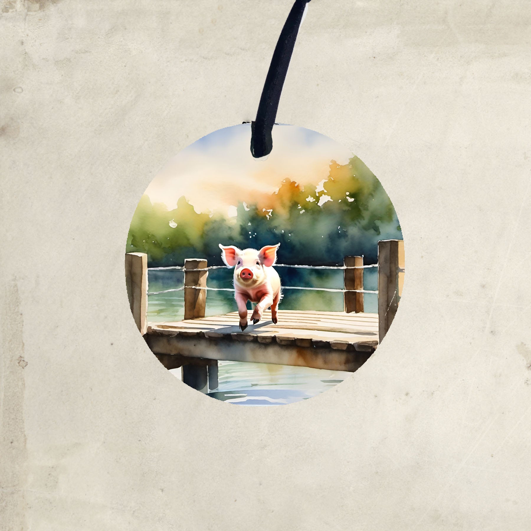 Pig jumping into lake - Ornament