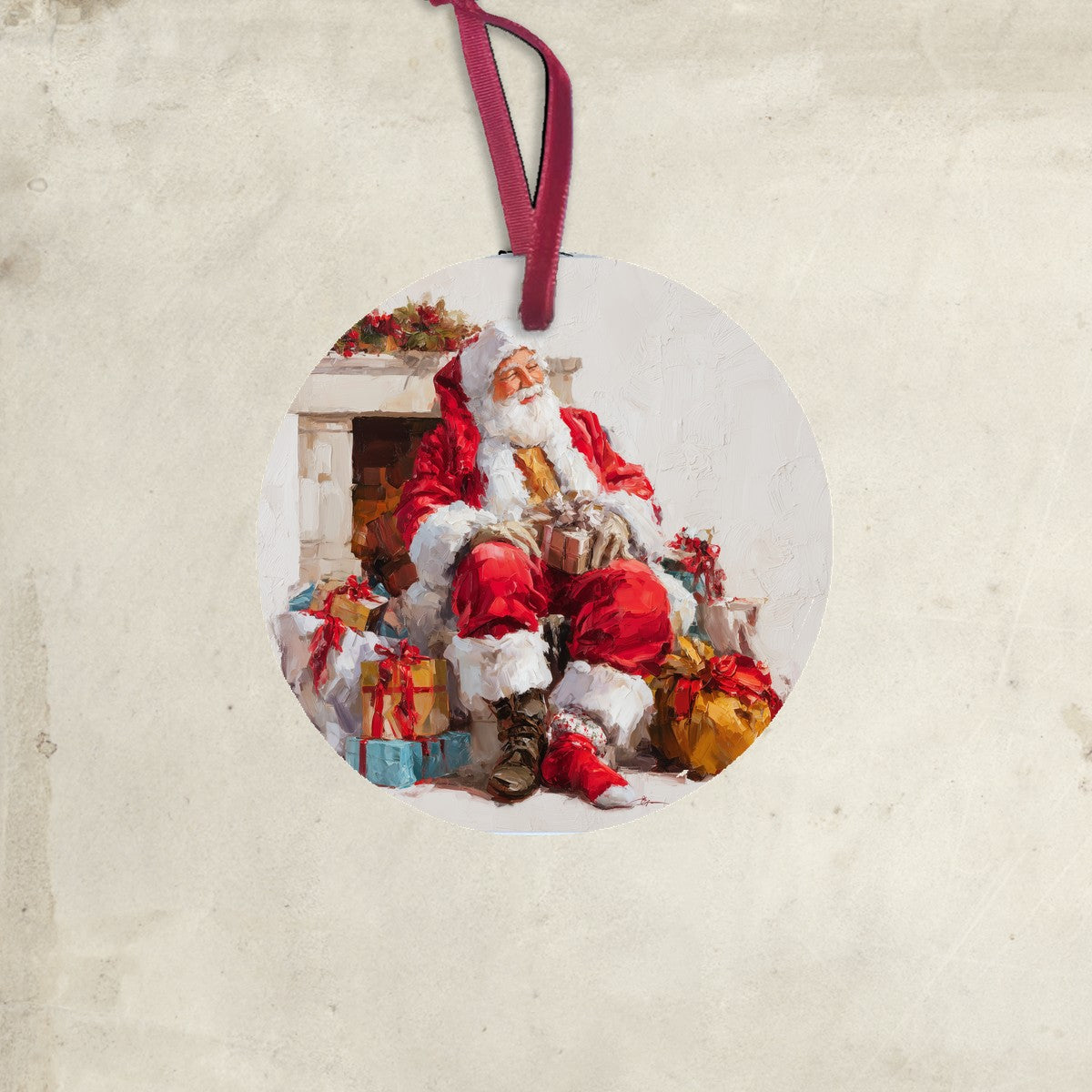 Santa Resting with Christmas Presents - Ornament