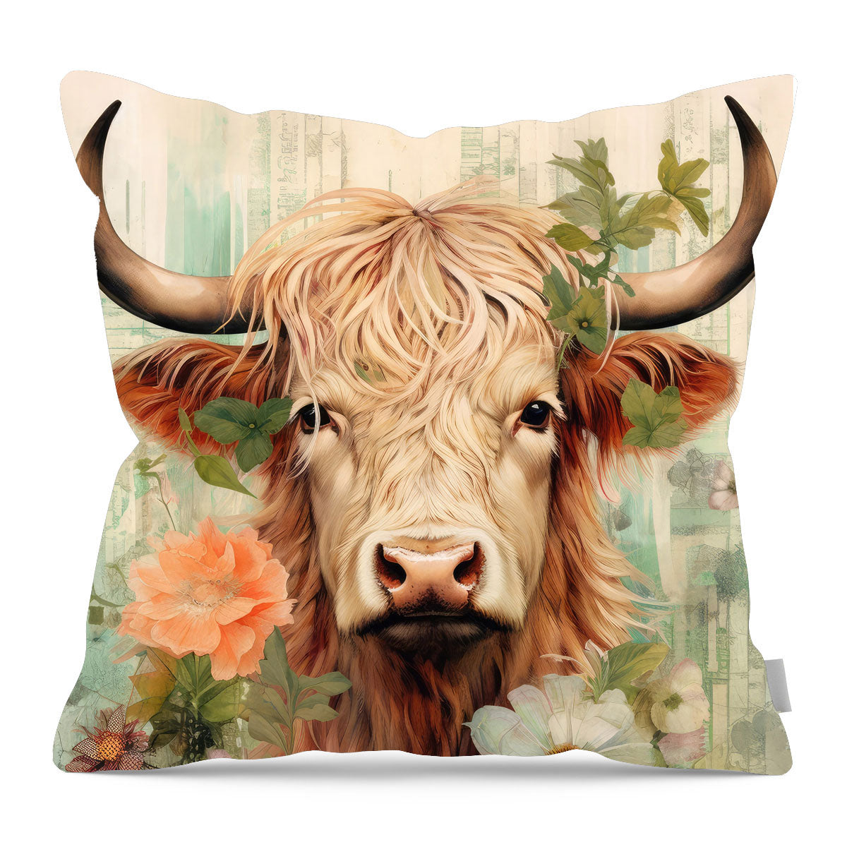 Brown and White Highland cow with flowers - Pillow