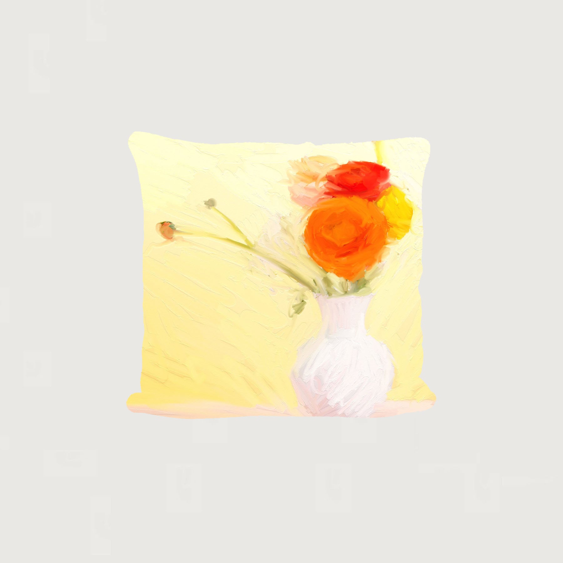 Orange Ranunculus in White Vase - Pillow