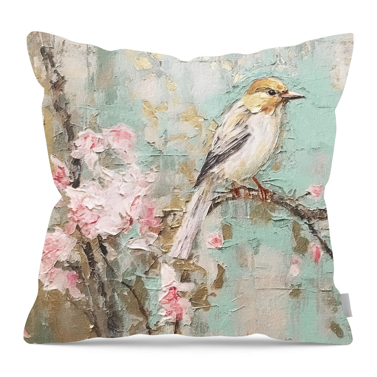 White-breasted bird on cherry blossom branch - Pillow