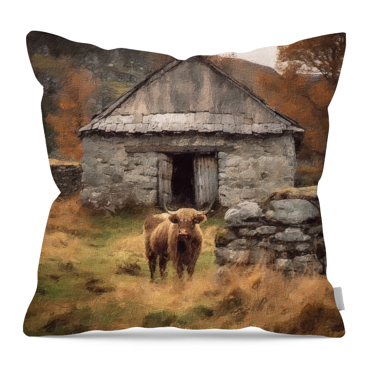 Highland Cow near Stone Wall - Pillow