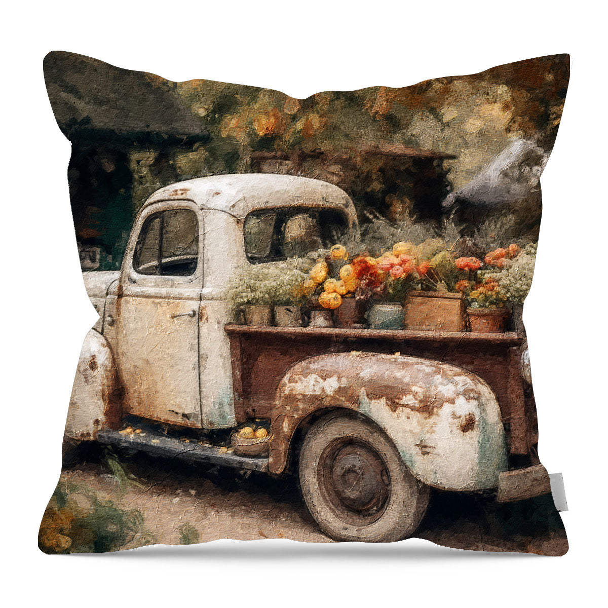 White Truck with Flowers - Pillow