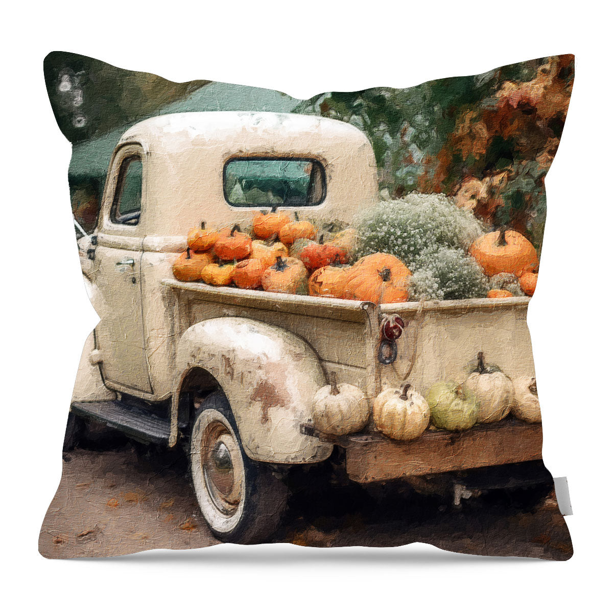 White Truck with Pumpkins- Pillow