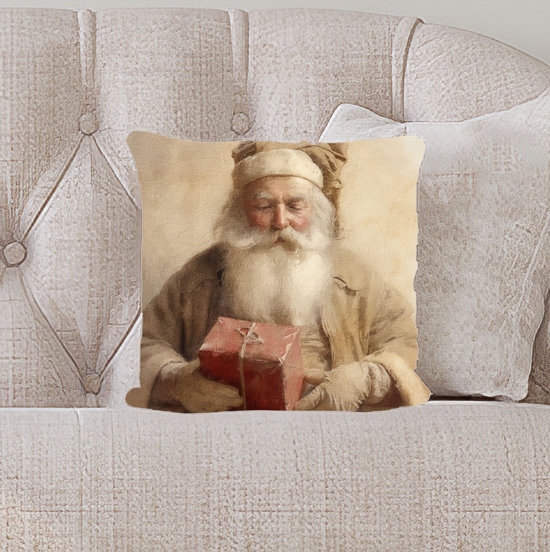 Old world Santa holding gift - Pillow