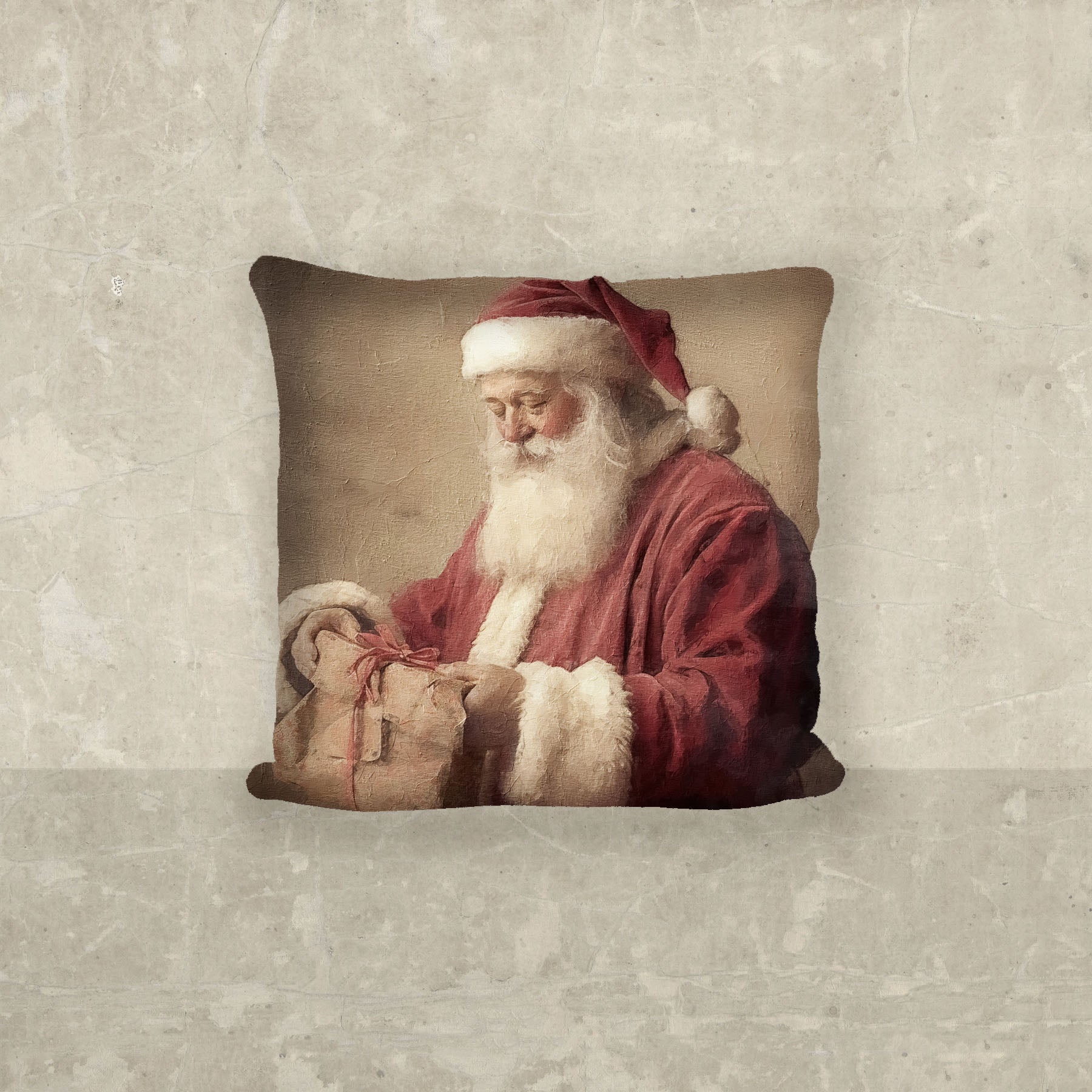 Old world Santa smiling with gift - Pillow