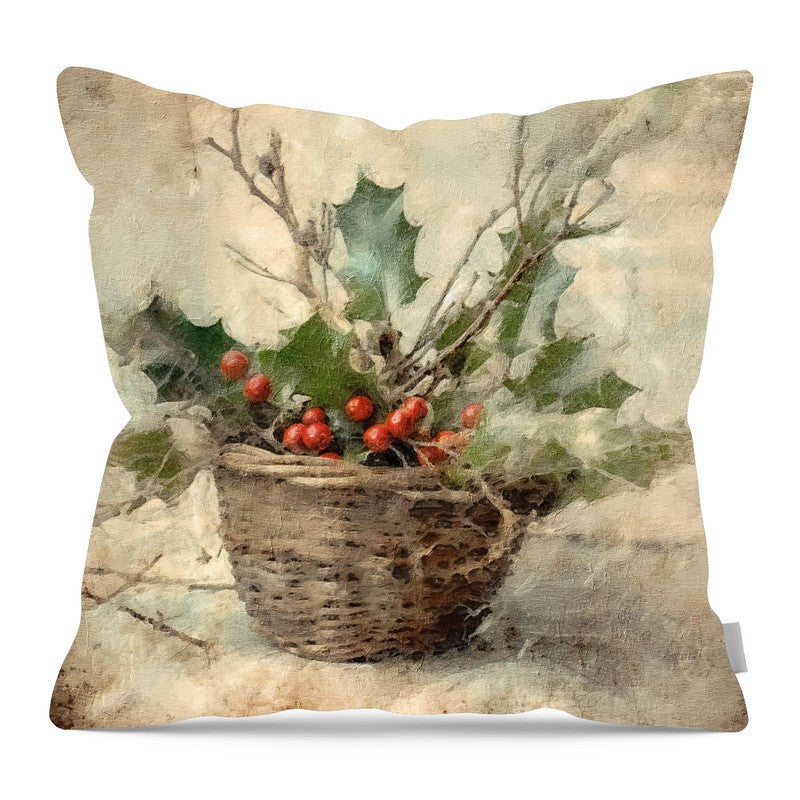 Basket - Holly Berries - Pillow — 16-inch linen-look pillow