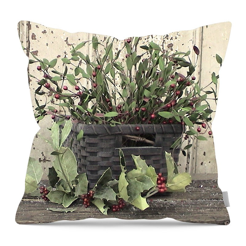 Green Holly and Berry Basket - Pillow — 16-inch linen-look pillow