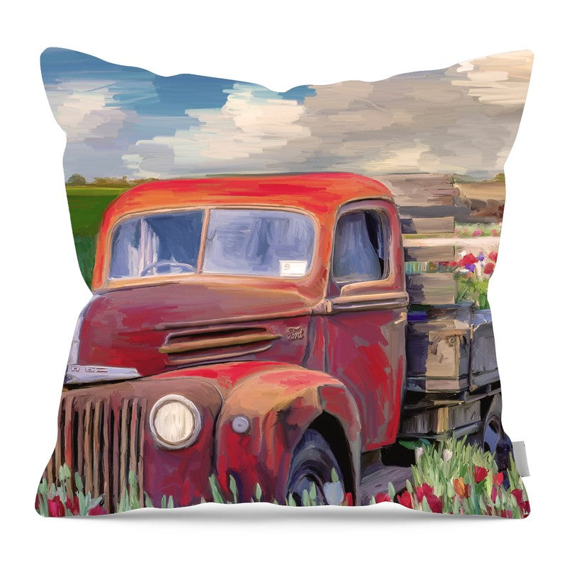 Red Ford Flower Truck - Pillow — 16-inch linen-look pillow