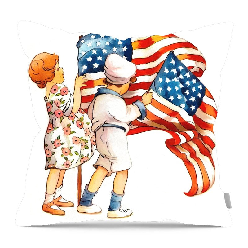 Vintage Kids with Flags - Pillow — 16-inch linen-look pillow