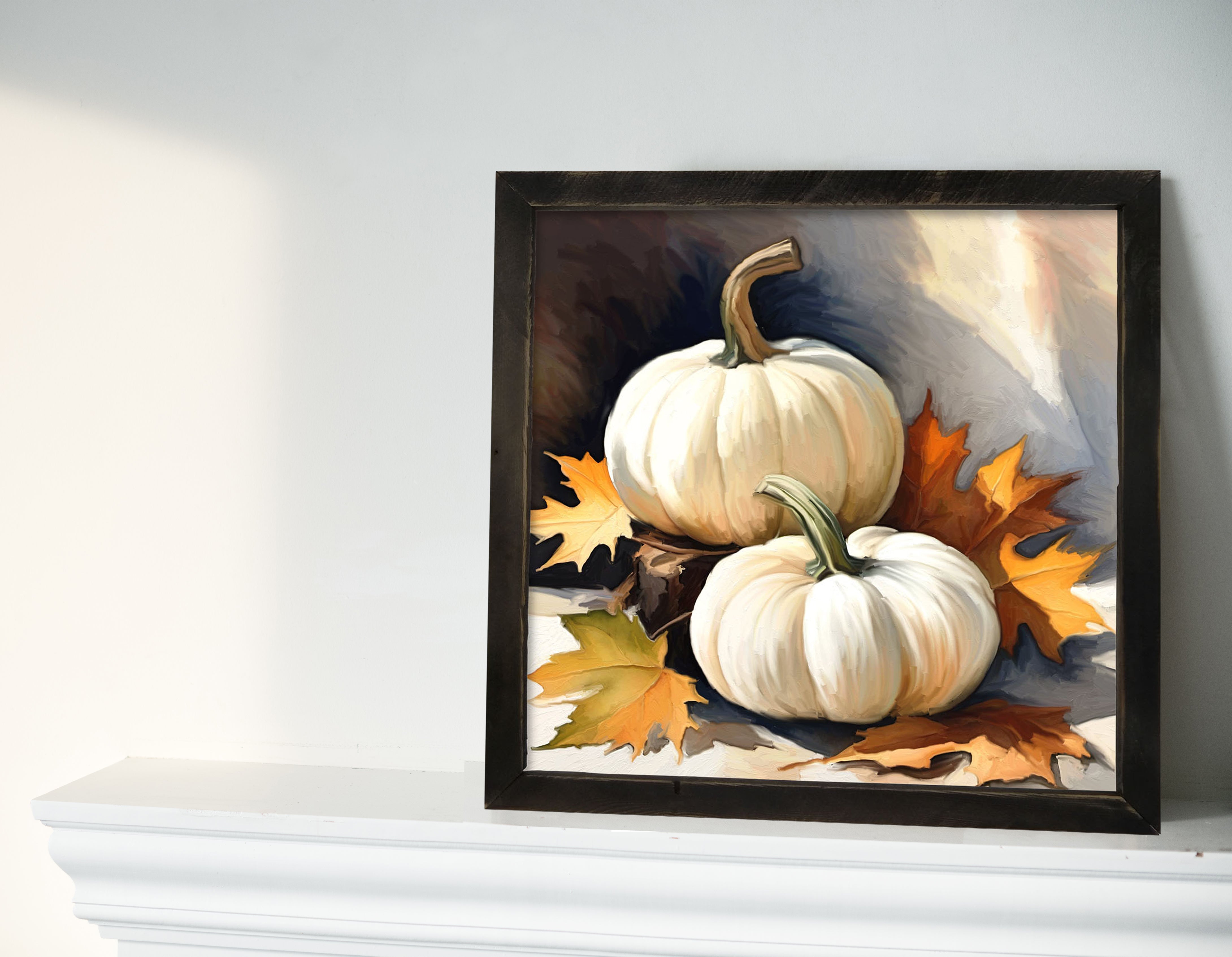 White pumpkins with fall leaves