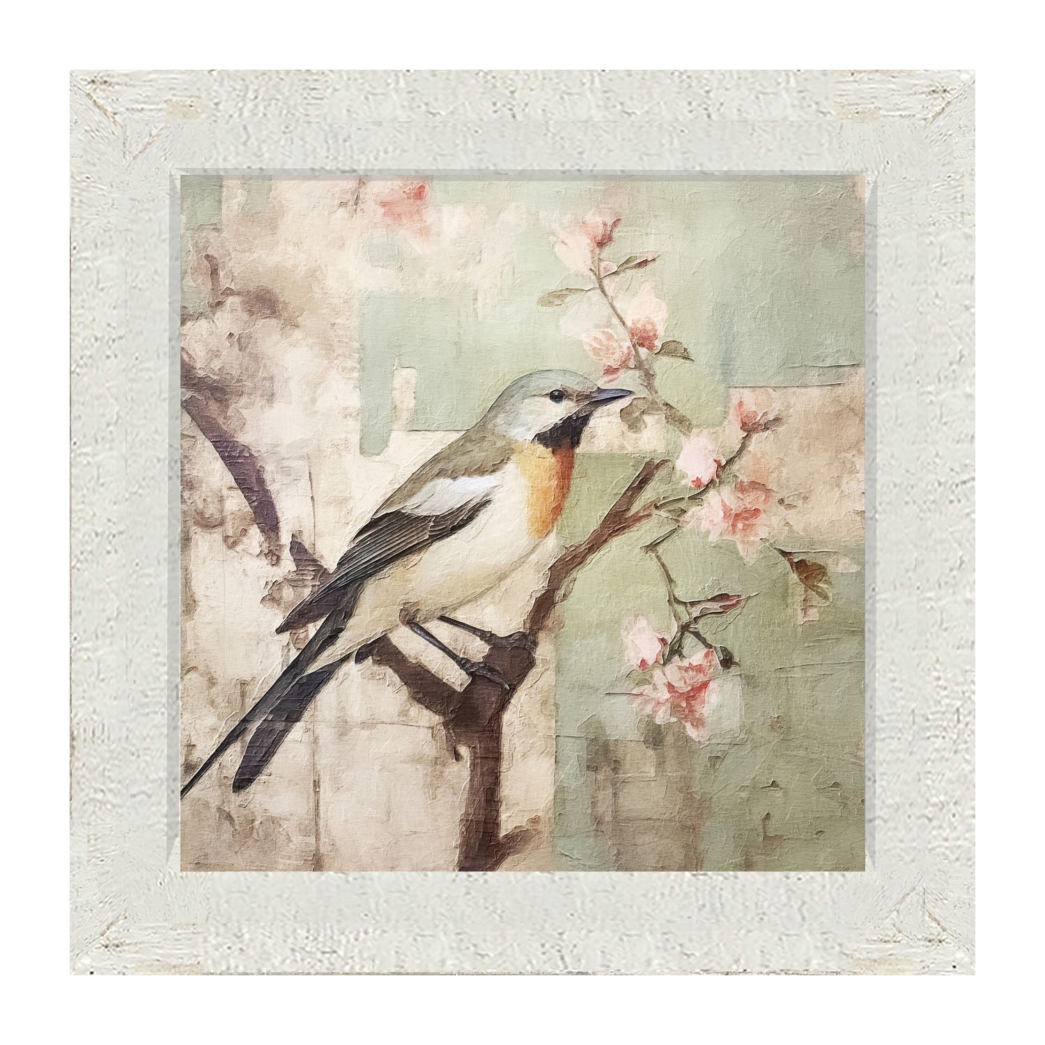 Red-breasted bird on branch - Framed Art