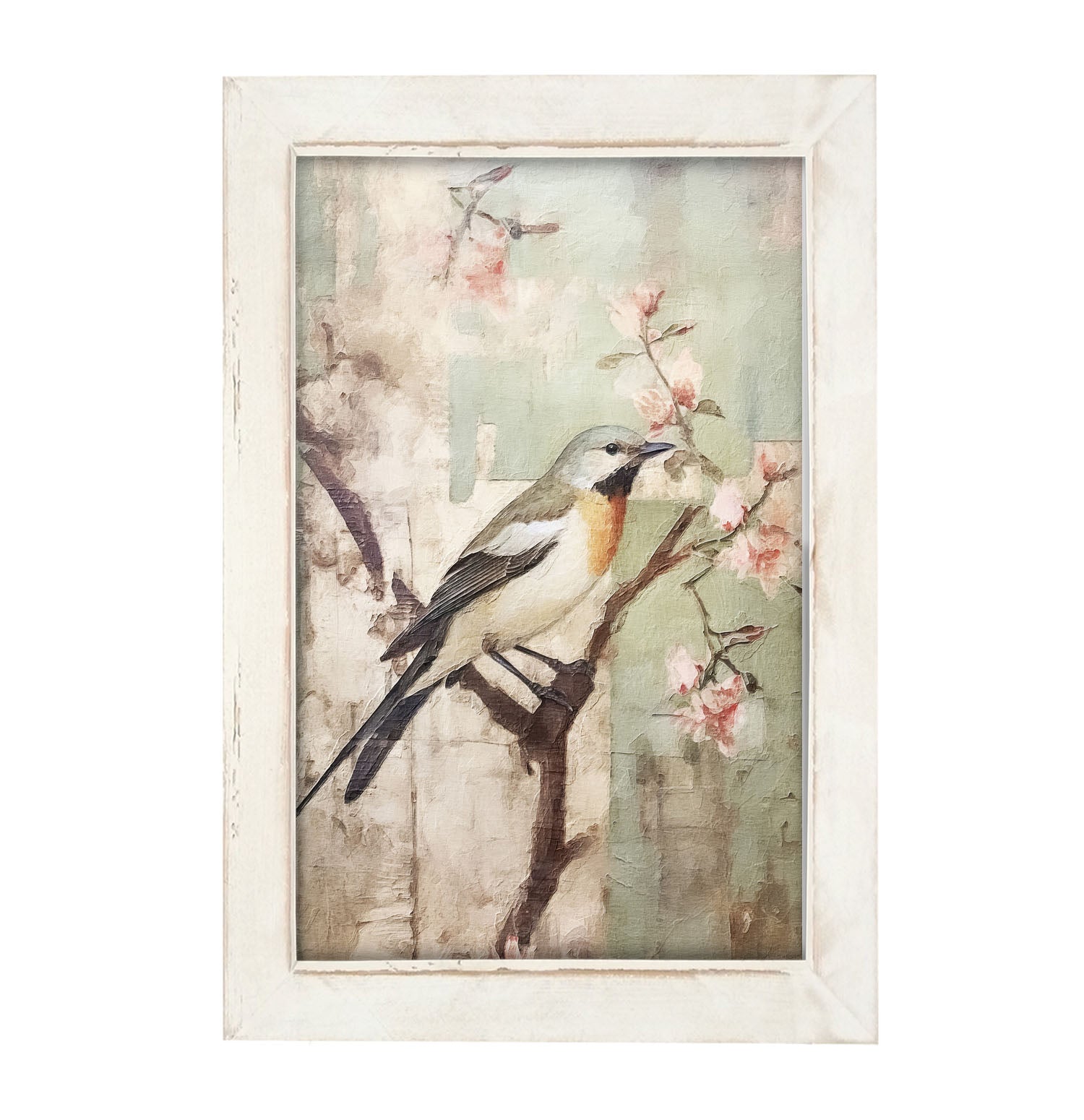 Red-breasted bird on branch - Framed Art