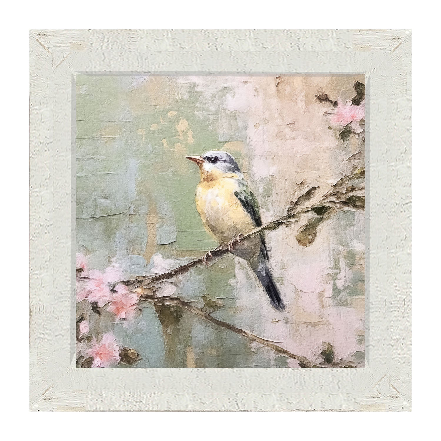 Bird sitting on cherry blossom branch - Framed art