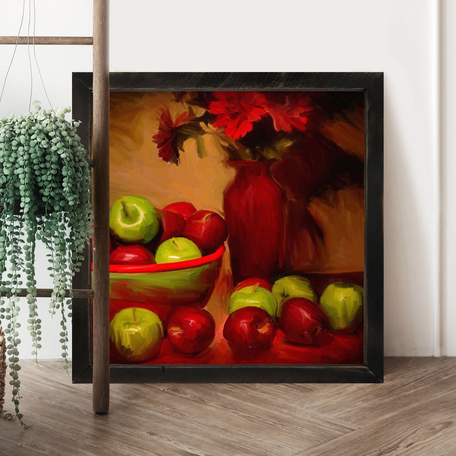 Red Vase with Green Apples