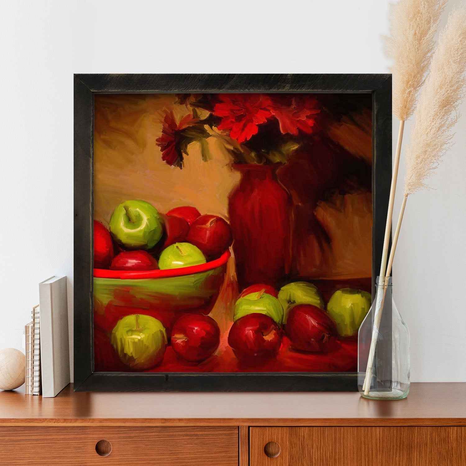 Red Vase with Green Apples